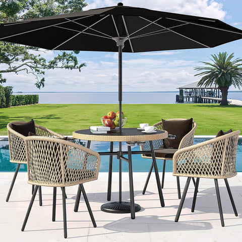 5-Piece Outdoor Patio Furniture Dining Set, All-Weather Rattan Conversation Set with Soft Cushions and Glass Top Dining Table for Backyard Deck (Light Brown + Black)