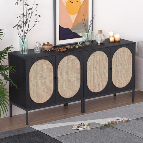 Set of 2 Sideboard Cabinet with Handmade Natural Rattan Doors, Black