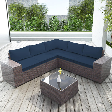 Outdoor Patio Furniture Sets 6 Piece Patio Sectional Furniture All-Weather Outdoor Patio Sofa PE Wicker Backyard Deck Couch Conversation Chair Set w/Table & 5 Navy Blue Thickened Cushions