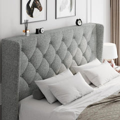 Queen Bed Frame Upholstered Wingback Platform Bed Frame with Diamond Button Tufted Headboard,Light grey