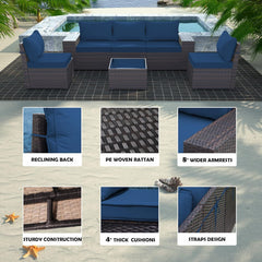 Outdoor Patio Furniture Sets 6 Piece Patio Sectional Furniture All-Weather Outdoor Patio Sofa PE Wicker Backyard Deck Couch Conversation Chair Set w/Table & 5 Navy Blue Thickened Cushions