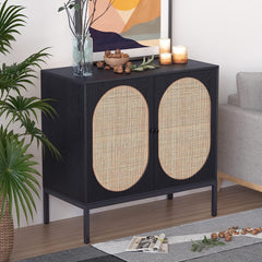 Set of 2 Sideboard Cabinet with Handmade Natural Rattan Doors, Black