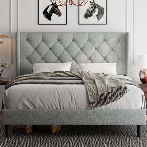 Queen Bed Frame Upholstered Wingback Platform Bed Frame with Diamond Button Tufted Headboard,Light grey