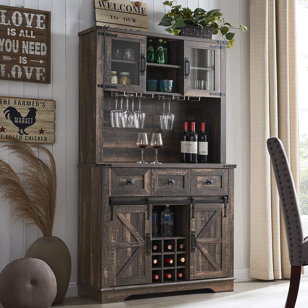 Farmhouse Bar Cabinet with Sliding Barn Door, 72