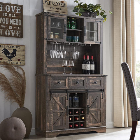 Farmhouse Bar Cabinet with Sliding Barn Door, 72" Rustic Buffet with Hutch with Wine and Glasses Rack, 3 Drawers, Storage Shelves, Sideboard Cupboard for Kitchen, Dining Room, Dark Rustic Oak