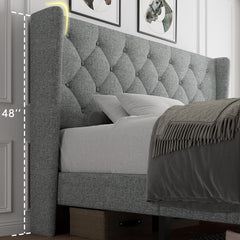 Queen Bed Frame Upholstered Wingback Platform Bed Frame with Diamond Button Tufted Headboard,Light grey