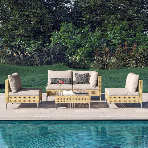 5-Piece Wicker Patio Furniture Set, All-Weather Outdoor Sectional Sofa with Water Resistant Beige Thick Cushions Coffee Table