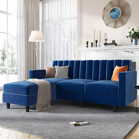 Velvet Convertible Sectional Sofa, L Shaped Couch with Reversible Chaise for Small Apartment, Blue