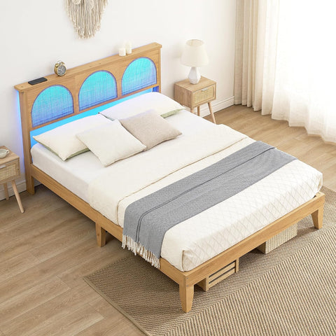 Platform Bed Frame with LED Lights and Rattan Headboard, Wooden Support Legs, No Box Spring Needed, Easy Assembly