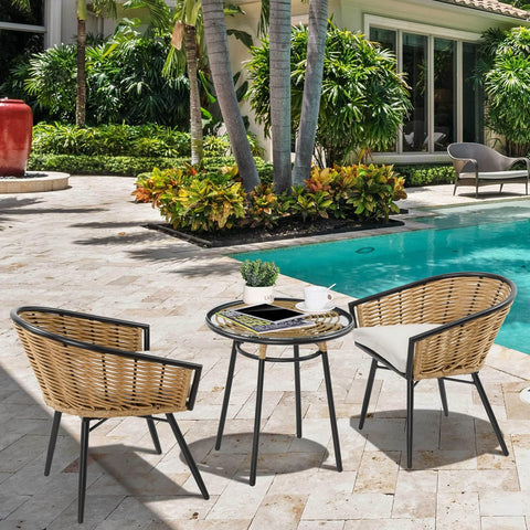 3 Piece Patio Set, Outdoor Bistro Furniture, PE Rattan Wicker Table and Chairs, Cushioned, Hand Woven, Barrel-Style with Tempered Glass for Garden, Porch, Pool, Backyard, Cream White