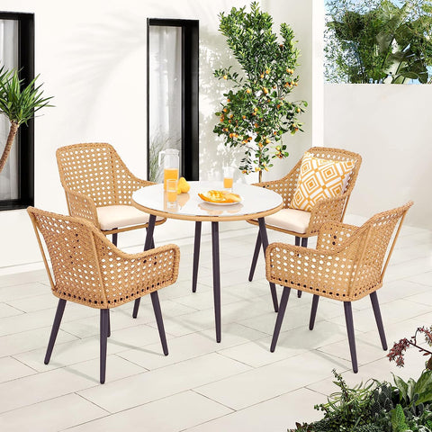 5 Pieces Outdoor Dining Set, All-Weather Wicker Patio Dining Table and Chairs, 4 Rattan Chairs and Round Glass Top Table w/Umbrella Hole, for Porch, Backyard, Garden, Beige