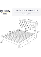 Queen Size Button Tufted Platform Bed Frame/Fabric Upholstered Bed Frame with Adjustable Headboard/Wood Slat Support/Mattress Foundation/Dark Grey