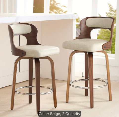 Mid Century Modern Bar Stools, 26 Inch Bar Chairs with Solid Back, Walnut Finish and Faux Leather Seat, Counter Height Barstool Set of 2, Beige