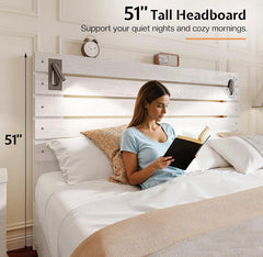 King Size Farmhouse Bed Frame with 51" Barn Door Headboard, LED Reading Lights, Platform Bed Frame with Wood Slats, Under Bed Storage Space, Noisy Free, Easy Assembly, Ash White