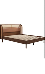 Queen Upholstered Bed Frame with Rattan Headboard, Modern Rattan Wingback Platform Bed, Faux Leather Headboard, Wood Slat Support, No Box Spring Needed, Walnut