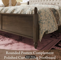 King Size Solid Wood Bed Frame, Transitional Platform Bed with 52.5" Upholstered Tufted Headboard, Rubberwood/Roman Column Accents/Wood Slat Support/No Box Spring Needed