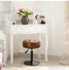 Adjustable Vanity Stool, 360°Swivel Vanity Chair for Makeup Room, Brown Stool Chair for Vanity, Small Faux Leather Vanity Stools for Bathroom, Living Room