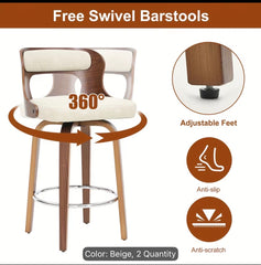 Mid Century Modern Bar Stools, 26 Inch Bar Chairs with Solid Back, Walnut Finish and Faux Leather Seat, Counter Height Barstool Set of 2, Beige