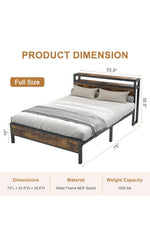 Full Bed Frame with Charging Station Headboard, Platform Bed with 2-Tier Storage Shelf, Strong Support Legs, Noise-Free, No Box Spring Needed,Vintage Brown