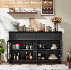 Farmhouse Sideboard Buffet Cabinet with Storage,59" Large Credenza with 4 Glass Doors & 2 Drawers,Adjustable Shelves Console Table,Wood Kitchen Coffee Bar for Dining Room,Living Room,Black