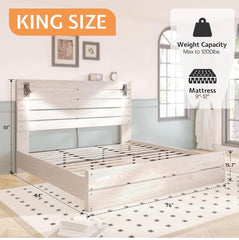 King Size Farmhouse Bed Frame with 51" Barn Door Headboard, LED Reading Lights, Platform Bed Frame with Wood Slats, Under Bed Storage Space, Noisy Free, Easy Assembly, Ash White