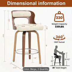Mid Century Modern Bar Stools, 26 Inch Bar Chairs with Solid Back, Walnut Finish and Faux Leather Seat, Counter Height Barstool Set of 2, Beige