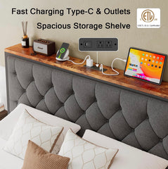 Full Size Bed Frame with 2 Storage Drawers, Metal Platform Bed with Charging Station, Upholstered Button Tufted Storage Headboard, No Box Spring Needed, Noise-Free, Easy Assembly