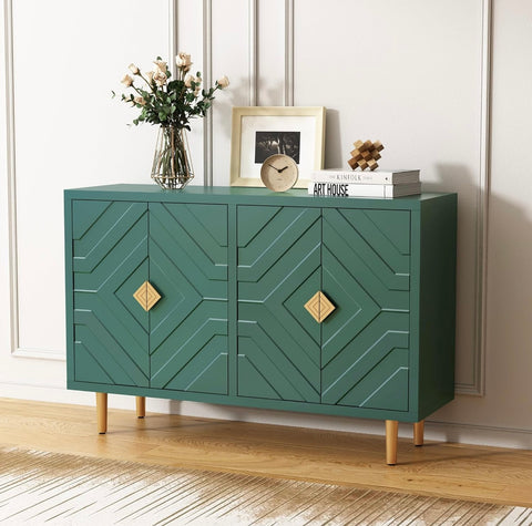 Accent Cabinet with 4 Doors and Shelves, Modern Sideboard Buffet Cabinet with Decorative Embossed Pattern Doors, Credenza Storage Cabinet for Living Room, Kitchen, Dining