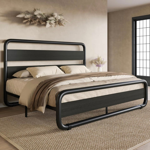 Queen Size Metal Bed Frame with Wooden Headboard and Footboard, Heavy Duty Oval-Shaped Platform Bed with Under-Bed Storage, Noise Free, No Box Spring Needed, Black