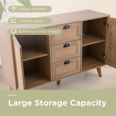 Kitchen Buffet Cabinet with Storage, Credenza, Buffets & Sideboards, Natural Rattan Cabinet, Accent Cabinet, Entertainment Center with Storage (Natural Oak)