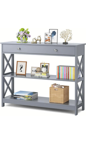 Console Table with Drawer and Storage Shelves, Narrow Sofa Table for Living Room, Easy Assembly, 3-Tier Entryway Table with Storage for Hallway (Grey)