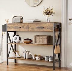 39" Console Table with 2 Drawers, Industrial Entryway Table with 3 Tier Storage Shelves, Narrow Sofa Table for Entry Way, Hallway, Couch, Living Room, Kitchen, Rustic Brown