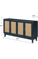 Rattan Sideboard Buffet Cabinet, Storage Cabinet with 4 Rattan Doors, Console Table for Living Room, Hallway, Entryway (Blue)