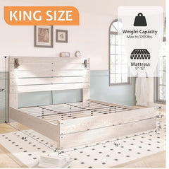 King Size Farmhouse Bed Frame with 51" Barn Door Headboard, LED Reading Lights, Platform Bed Frame with Wood Slats, Under Bed Storage Space, Noisy Free, Easy Assembly, Ash White