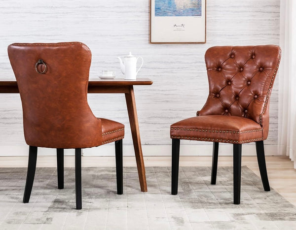 Leather Dining Chairs Set of 2 Modern Tufted PU Leather Elegant Chairs Armless Rubber Wood Vintage Chairs Upholstered Side Chairs for Kitchen/Cafe Decor Furniture, Brown with Pull Ring