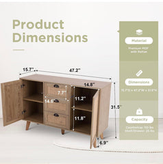 Kitchen Buffet Cabinet with Storage, Credenza, Buffets & Sideboards, Natural Rattan Cabinet, Accent Cabinet, Entertainment Center with Storage (Natural Oak)