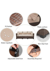 Patio Couch PE Wicker 3-Seat Outdoor Brown Rattan Sofa Deep Seating Furniture with Non-Slip Beige Cushions