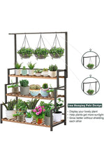 Hanging Plant Shelves Indoor 3-Tier Stand with Bar, Flower Pot Organizer Outdoor Shelf for Multiple Plants, Wood Rack with Metal Frame for Garden Balcony Patio Bedroom Office