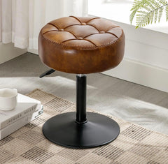 Adjustable Vanity Stool, 360°Swivel Vanity Chair for Makeup Room, Brown Stool Chair for Vanity, Small Faux Leather Vanity Stools for Bathroom, Living Room