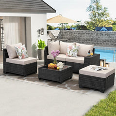 Patio Furniture Set 5 Pieces All Weather Patio Conversation Sets Wicker PE Rattan Outdoor Sectional Couch Sofa Set with Cushion Ottoman & Coffee Table for Garden, Backyard, Beige