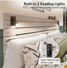 King Size Farmhouse Bed Frame with 51" Barn Door Headboard, LED Reading Lights, Platform Bed Frame with Wood Slats, Under Bed Storage Space, Noisy Free, Easy Assembly, Ash White