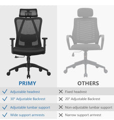 Primy Ergonomic Office Chair, Computer Desk Chair with Adjustable Sponge Lumbar Support, Comfortable Thick Cushion High Back Desk Chair with Adjustable Headrest and PU Armrests