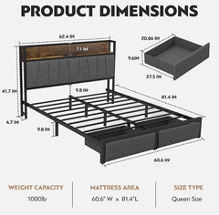 Queen Size Bed Frame with Headboard and Storage, Drawers Platform Bed Frame with Storage Chargin Station LED Light Bed Frame, Heavy Duty, No Box Spring Needed