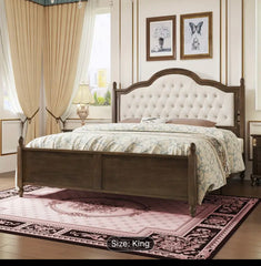 King Size Solid Wood Bed Frame, Transitional Platform Bed with 52.5" Upholstered Tufted Headboard, Rubberwood/Roman Column Accents/Wood Slat Support/No Box Spring Needed