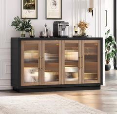 Buffet Cabinet with Storage, 55.1" Large Sideboard Buffet Cabinet, Modern Sideboard Kitchen Cabinet with 4 Fluted Glass Doors, Wood Coffee Bar Cabinet Buffet Table for Kitchen, Black/Brown