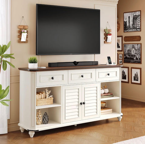 Farmhouse TV Stand for 65 Inch TV, 31.5" Tall Entertainment Center w/3 Drawers & Shutter Doors, Rustic Media Console Cabinet w/Storage Shelves, Wood Television Stand for Living Room, Rustic White