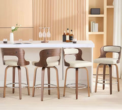 Mid Century Modern Bar Stools, 26 Inch Bar Chairs with Solid Back, Walnut Finish and Faux Leather Seat, Counter Height Barstool Set of 2, Beige
