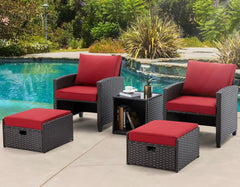 Patio Furniture Set, 5-Pieces Wicker Outdoor Sectional with Cushions, Wine Red, Includes Coffe Table and Ottomans, Furniture for Pool, Garden, Patio, Balcony Red