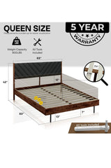 Acacia Astoria Solid Wood Queen Platform Bed Frame with Upholstered Headboard, Any Mattress Support, Noise-Free Slats Support, 30 Mins Assembly, Mid Century Modern Style, Walnut