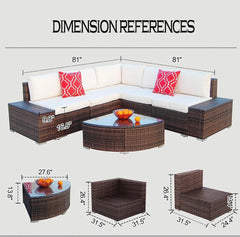 6pcs Patio Furniture Set PE Brown Rattan Wicker Sectional Outdoor Sofa Set Outside Couch w/Washable Seat Cushions & Modern Glass Wedge Table for Patio, Backyard, Pool-Beige